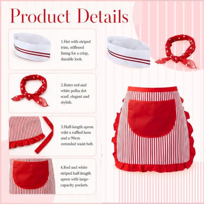 5Pcs Adult 1950s Waitress Costume Kit for Women Retro Soda Jerk Circus | Movie Night Carnival Worker Costume Set with Striped Apron Hat Polka-dot Scarf Snack Tray for Halloween 50s Party Cosplay