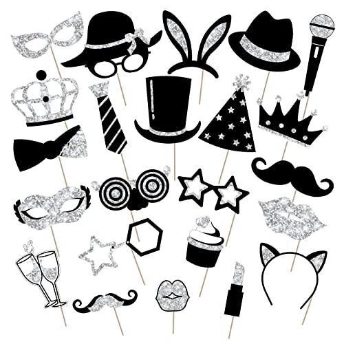 Zonon 24 Pcs Funny Photo Booth Props Set Black Gold Birthday,Silvery | Props for Wedding, Disco, Class Reunion Prom, Includes Mustache, Hats, Glasses, Ties, Lips, Crowns, Fun Party Accessories - color: Silvery