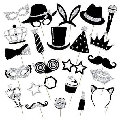 Zonon 24 Pcs Funny Photo Booth Props Set Black Gold Birthday,Silvery | Props for Wedding, Disco, Class Reunion Prom, Includes Mustache, Hats, Glasses, Ties, Lips, Crowns, Fun Party Accessories - color: Silvery