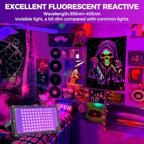 100W LED Black Lights for Glow Party, IP65 Waterproof UV Blacklight Floodlight 395nm Black Light Spotlight Purple Black Light Flood Light Fluorescent UV Light Lamp for Halloween Decor (4 Pack) - size: 100W