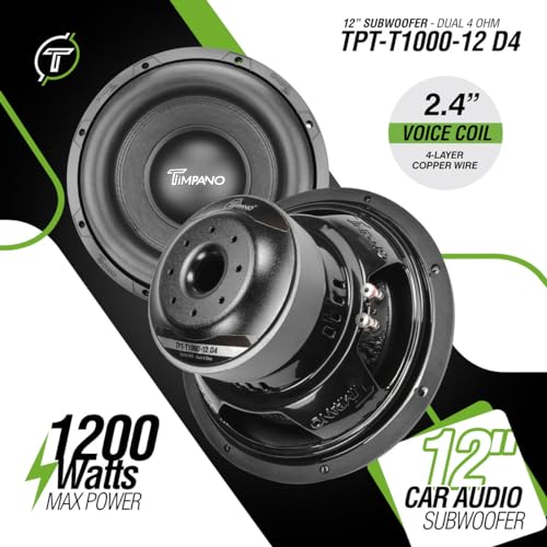 Timpano 12 Inch Subwoofer D4 1200 Watts Max Power Dual 4 Ohm, Subwoofer Car Audio 12 Inch 14 mm Xmax, TPT-T1000-12 D4, 2.4 in Voice Coil, Deep Low Tones Sub Woofer for Car Audio Systems (Single)