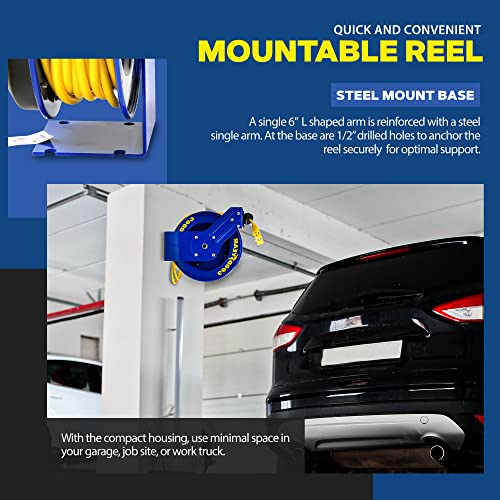 Goodyear Extension Cord Reel Retractable 14AWG x 100' Feet | 3C SJTOW Cable Triple Tap Connector Power Rating 125 Volt AC 13 Amp 1625 Watt Industrial Steel Single Arm