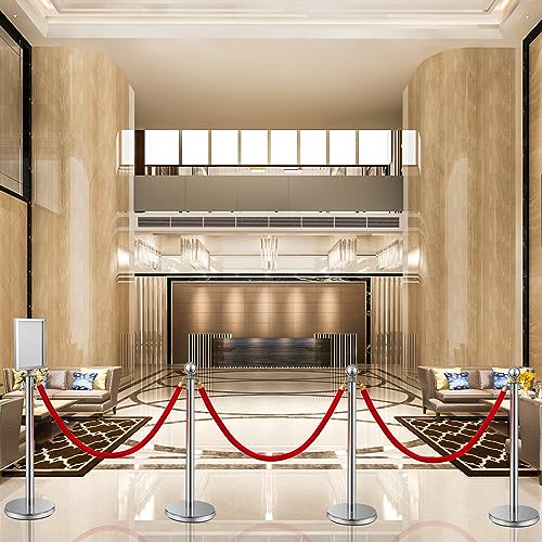 Velvet Ropes and Posts, 4 Stainless Steel Stanchions, Sign Holder, Silver | 2x5 ft Velvet Ropes, Fillable Bases, Sign Holder, Crowd Control Barriers for Red Carpet Events, Hotel, Theater, Weddings - color: Red