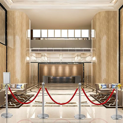 Velvet Ropes and Posts, 4 Stainless Steel Stanchions, Sign Holder, Silver | 2x5 ft Velvet Ropes, Fillable Bases, Sign Holder, Crowd Control Barriers for Red Carpet Events, Hotel, Theater, Weddings - color: Red