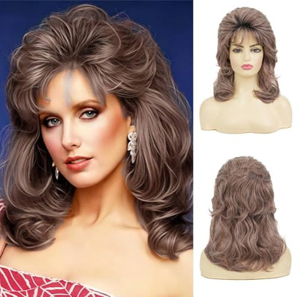 Brown Curly Wigs for Women 80s Rocker Mullet Wig with Bangs Shoulder Length Synthetic Fibre Hair Wig for 70s Party Cosplay Costume Disco Halloween Use - color: Dark Brown