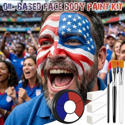 BOBISUKA Red White Blue Cream Face & Body Paint Palette Kit with 3 Brushes 3 Sponges, Highly Pigmented Easy to Blend Long Lasting Makeup for Patriotic Pride, 4th of July, USA Flag, Independence Day - color: 08 4th of July