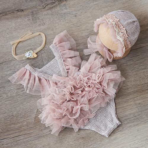 Zeroest Baby Girls Photography Lace Outfits & Props | Newborn Girl Photo Shoot Set with Romper, Headbands, Infant Photoshoot Prop - color: Wheat