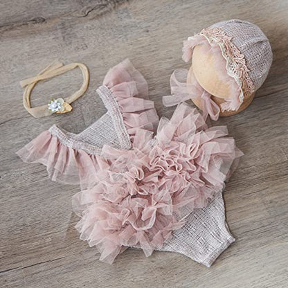 Zeroest Baby Girls Photography Lace Outfits & Props | Newborn Girl Photo Shoot Set with Romper, Headbands, Infant Photoshoot Prop - color: Wheat