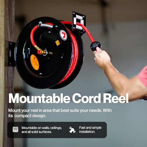 ReelWorks Air Hose Reel 3/8" Inch x 50' Foot SBR Rubber Hose Max 300PSI Commercial Steel Construction | Corrosion Resistant Powder Coating, Commercial Frame Supports Garage Air Service