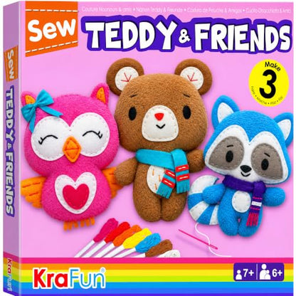 KRAFUN Teddy, Raccoon & Owl Sewing Kit for Kids Ages 7-12 | Sew 3 stuffed animals: Teddy, Raccoon & Owl. Instructions & plush felt included. Beginner learn-to-sew craft gift - color: Teddy & Friends