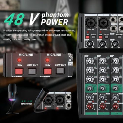 BOMGE Professional DJ audio mixer, 4 channel DJ mixer, Bluetooth sound mixer, supports USB/MP3/BT computer input,256DSP,48V phantom power suitable for DJ studio streaming recording