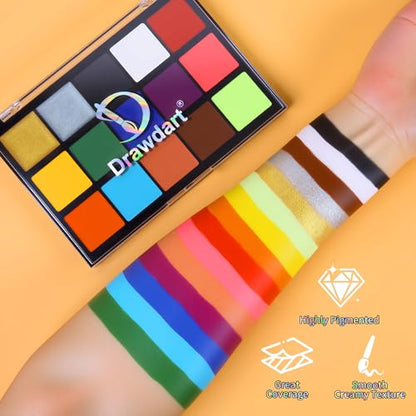 Drawdart Face Body Paint Kit, 15 Colors Palette with 10 Artist Brushes, Facepaint Makeup Kit for Soccer Tournaments & Game Day Fans, Halloween SFX Cosplay Costume Parties - color: 15 Colors Kit（10 Brushes）