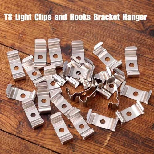 40 Pack T8 Light Clips and Hooks Bracket Hanger, Nickel-Plated Manganese Steel, Mounting Clips for LED Integrated Tube Light Fixture, Indoor & Outdoor Use
