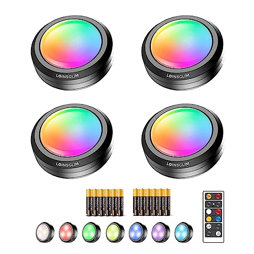 Puck Lights with Remote,7 Colors Under Cabinet Lighting Wireless,Battery Operated RGB LED Lights Dimmable, Push Lights for Closet,Kitchen,Under Counter Lights Bar Display Shelf (4pack) - color: Colorful, size: 4packs