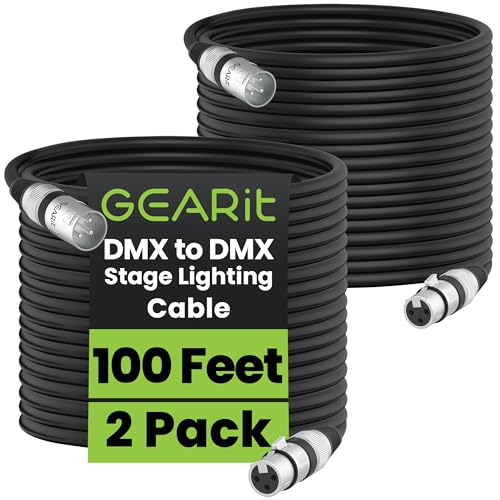 GEARit DMX Cable 100 FT 2-Pack 3-Pin Male to Female for DJ Stage Lighting - size: 100 Feet (2-Pack)