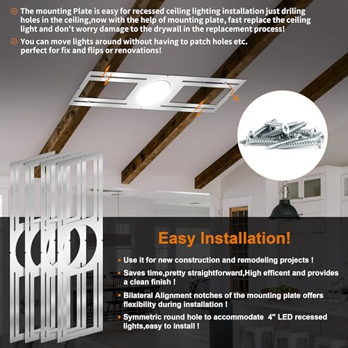 New Construction Mounting Plate, 4 Inch, LED Recessed Lighting Housing Kits, Flat Steel Rough in Bracket Fixture for LED Light Bar, 12PC Shallow Recessed Lighting Housing Plate - size: 4 Inch,12 Pack