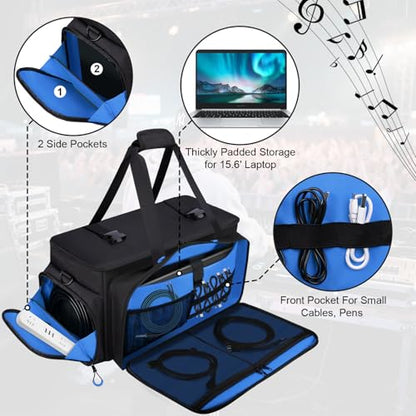 Large Dj Cable Bag with Detachable Dividers, Bottom Pad | Dj Bag for Equipment and Accessories with Laptop and Microphone Pocket, Dj Gig Bag for Musician, Professional, Travel, Blue - color: Blue, style: Dj Cable Bag