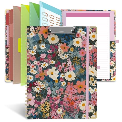 Clipboard Folio with Storage 8.5" X 11", Folder with 10 Pockets for Letter Size, Padfolio Organizer with Refillable Lined Notepad, Spiral Clipboards for School Office & Nursing-Pastel Garden - color: Pastel Garden