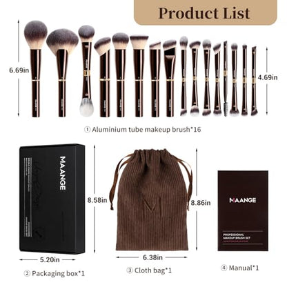 MAANGE Makeup Brushes 16Pcs Professional Foundation Powder Blush Contour Eyeshadows Double-End Makeup Brushes Set with Bag and Gift Box-CoffeeBrown - color: CoffeeBrown