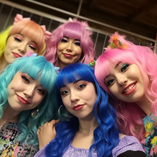 LIULIUBTY Short Bob Hair Wigs Straight with Flat Bangs Synthetic Colorful Cosplay Daily Party Neon Wig for Women + Free Wig Cap 12" Natural As Real (Cute Pink) - color: Cute Pink
