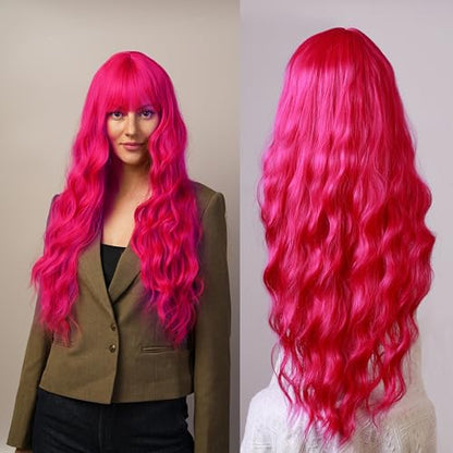 Rose Purple Curly Wig with Bangs for Women, 31 Inch Colorful Synthetic Cosplay Wig, Natural Looking Wig with Wig Cap for Parties and Dress Up - color: Rose mixed Purple