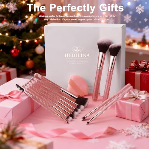 Pink Makeup Brushes Set 14 Pcs Professional, Synthetic Foundation Concealer Powder Blush Eyeshadow Brushes with 2 Powder Puffs & Dual-ended Mask Applicator, Gifts for Women Teen Girls - color: Pink