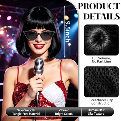 Short Bob Straight Hair Wigs with Bangs, Synthetic Fiber Colorful Hair, Cat Eye Glasses for Women (Black) - color: Black