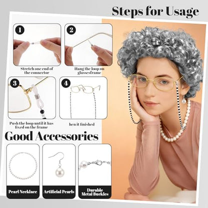 8pcs Old Lady Wig Costume Set for Halloween Party | 100th Days of School Costume, Gray Hair Wig, Pearl Necklace, Glasses, Glasses Chain, Bracelet, Bandana, Earrings, Hair Net