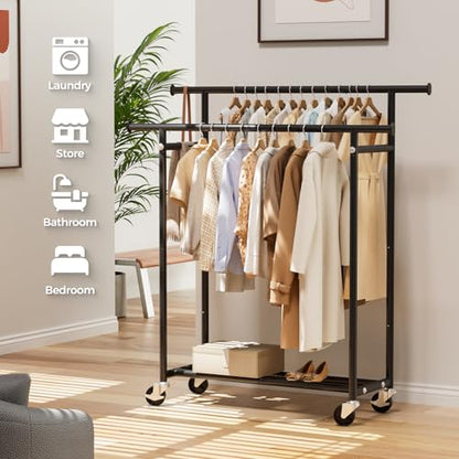 HYSEYY Clothes Rack, Double Rods Rolling Clothing Rack for Hanging Clothes, Portable Garment Rack with Wheels, Coat Rack Wardrobe Closet Load 240 LBS for Bedroom Laundry Room (Black, L) - color: Black