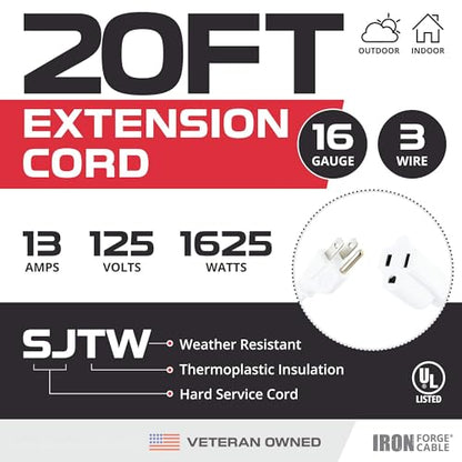 Iron Forge Cable 16 Gauge Heavy Duty White Extension Cord, 20 Ft - SJTW | 16/3 SJTW Cable, 2 Pack, 3 Prong Grounded Plug, 13 Amp - For Landscaping, Leaf Blowers, Lights, Appliances - size: 20 Foot - 2pk