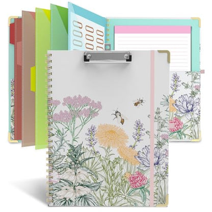 Clipboard Folio with Storage 8.5 X 11 Padfolio Notebook, Clipboards with Notepad Spiral with 10 Pockets and 5 Folders Nursing Teacher School Essentials (Wild Flowers) - color: Wild Flowers