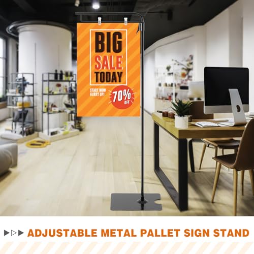 Blulu 2 Pcs Adjustable Hanging Poster Stand Sign Holder 43-87 Inch Pallet Floor Standing Poster Display Black Heavy Duty Double Sided Clip on Mobile Banner Stand with Base for Outdoor Hanging Display