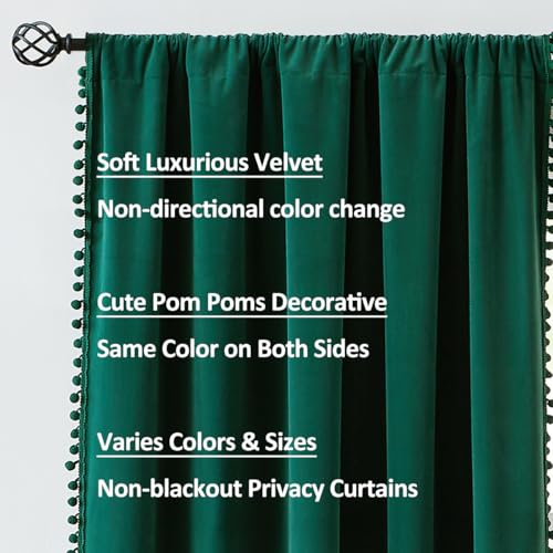 Christmas Green Velvet Curtains for Living Room 63" Pom Pom Room Darkening - color: Pom Pom- Christmas Green, size: 42"W x 63"L (Pack of 2)