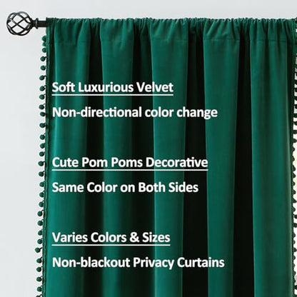 Christmas Green Velvet Curtains for Living Room 63" Pom Pom Room Darkening - color: Pom Pom- Christmas Green, size: 42"W x 63"L (Pack of 2)