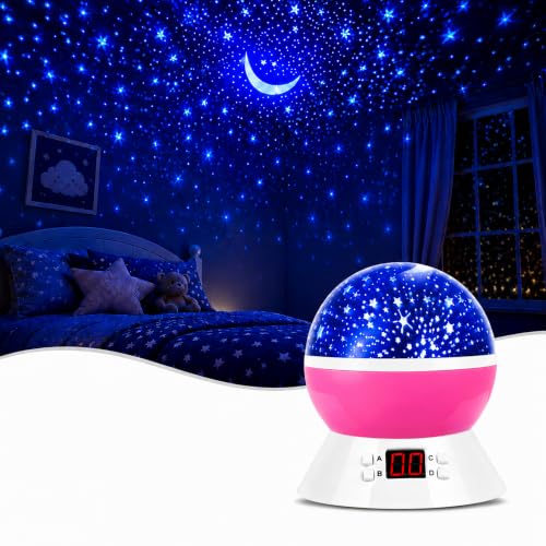 Kids Star Projector Night Light | Snowflake Projector Night Light Indoor | Ceiling Stars Projection Lamp with Timer | 360° Rotating Night Light for Bedroom | Gifts for 3-8 Year Old Girls - color: Pink