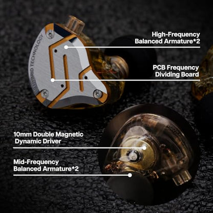 Linsoul KZ ZS10 Pro, 4BA+1DD 5 Driver in Ear Monitor, HiFi Wired Earbuds, Gaming Earbuds, Hybrid IEM Earphones with Stainless Steel Faceplate, Detachable Cable for Musician(Without Mic, Glare Yellow) - color: Glare Yellow, style: Without Mic