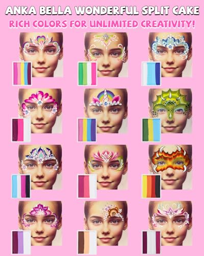 Anka Bella Professional Face Painting Kit，Water Activated Non Toxic | water based,for sensitive skin,washable,with brushe and stencil,easy to remove,hypoallergenic,for halloween/parties,12X10gm - color: Rainbow Valley set
