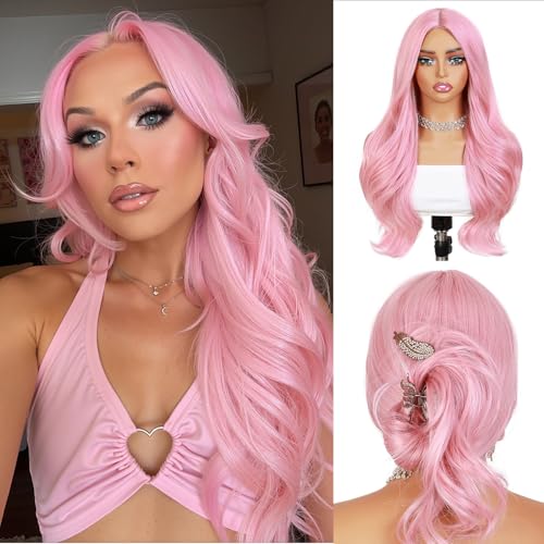 Quantum Love Long Curly Pink Wig for Women Long Wavy Middle Part Light Pink Wigs 28Inch Natural Looking Synthetic Fashion Color Hair for Cosplay Halloween Daily Party Use - color: Pink
