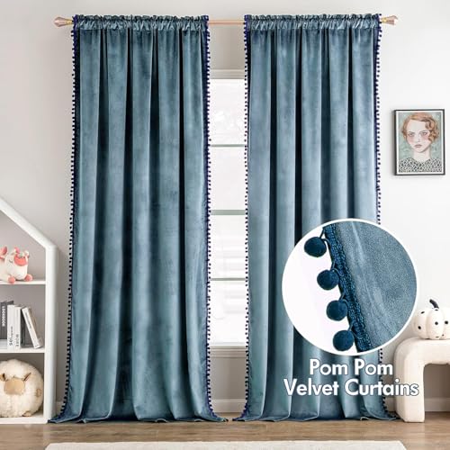 MIULEE Blue Pom Pom Velvet Blackout Curtains, W52 x L63, Set of 2 | Rod Pocket Curtains,Thermal Insulating,Blackout Curtains for Bedroom/Home Theater/Living Room Darkening - color: Dark Slate, size: 52"W x 63"L (Pack of 2)
