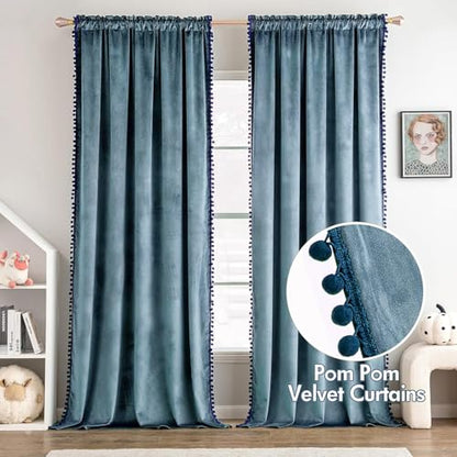 MIULEE Blue Pom Pom Velvet Blackout Curtains, W52 x L63, Set of 2 | Rod Pocket Curtains,Thermal Insulating,Blackout Curtains for Bedroom/Home Theater/Living Room Darkening - color: Dark Slate, size: 52"W x 63"L (Pack of 2)