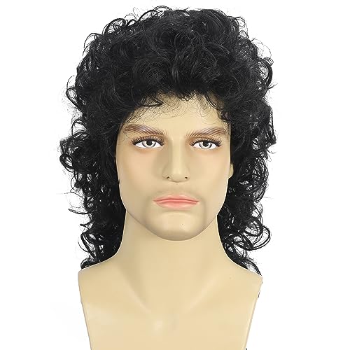 Curly Mullet Wigs for Men 80s Black Long Curly Wigs Hippie Rocking 80s Party Cosplay Costume Anime Heat Resistant Synthetic Hair Wig 70's Wig - color: E-Black