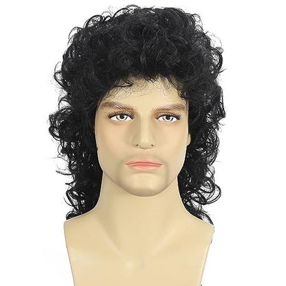 Curly Mullet Wigs for Men 80s Black Long Curly Wigs Hippie Rocking 80s Party Cosplay Costume Anime Heat Resistant Synthetic Hair Wig 70's Wig - color: E-Black