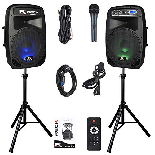 RECK DC 12 Portable 12-Inch 1000 Watts 2-Way Powered Dj/PA Speaker System Combo Set with Bluetooth/USB/SD Card Reader/FM Radio/Remote Control/Speaker Stands/Wired mic