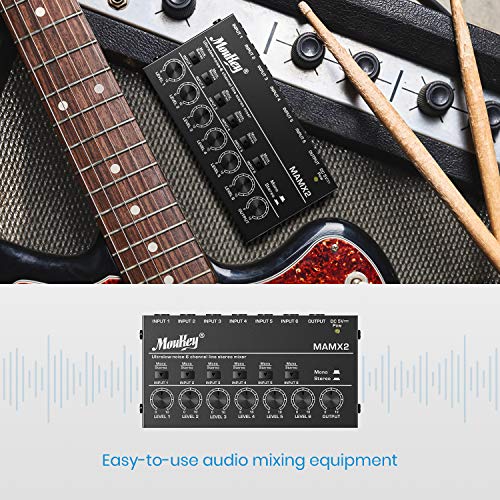 Moukey Audio Mixer, DC 5V, 6 Stereo Ultra, Low Noise 6 Channel Line Mixer for Sub-Mixing, for Small Clubs or Bars, As Guitars, Bass, Keyboards Mixer, MAMX2 - size: Medium (6-channel)