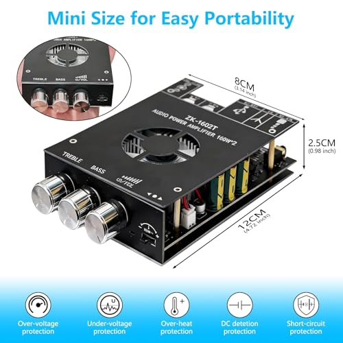 Bluetooth 5.1 Audio Amplifier Board,320W HiFi 2.1 Channel Mini Subwoofer Power Amp Module with Treble & Bass Control with AUX Input,Audio Amp Board for Home DIY Wireles Speaker(with Power Cord) - size: ZK-1602T