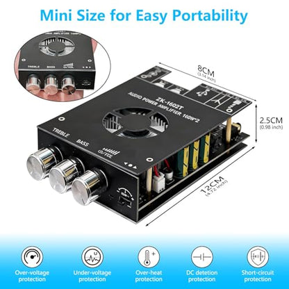 Bluetooth 5.1 Audio Amplifier Board,320W HiFi 2.1 Channel Mini Subwoofer Power Amp Module with Treble & Bass Control with AUX Input,Audio Amp Board for Home DIY Wireles Speaker(with Power Cord) - size: ZK-1602T