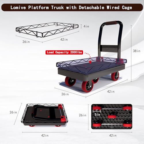 2IN1 42×26In Heavy Duty Platform Trucks Flatbed Carts | 2000lbs Capacity Push Cart Hand Dolly w/Detachable Solid Steel Wire Fence, Collapsible Cage, 5-Inch Silent TPR Wheels - size: 42" L X 26" W
