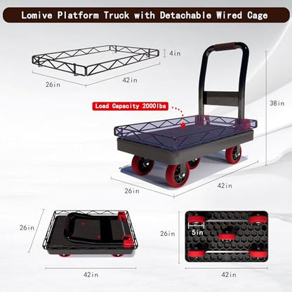 2IN1 42×26In Heavy Duty Platform Trucks Flatbed Carts | 2000lbs Capacity Push Cart Hand Dolly w/Detachable Solid Steel Wire Fence, Collapsible Cage, 5-Inch Silent TPR Wheels - size: 42" L X 26" W