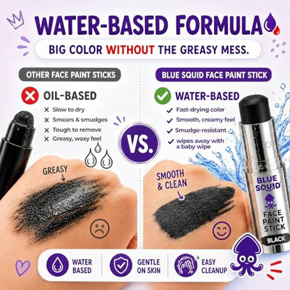 Blue Squid Black Face Paint Stick - Water based Body Paint for Adults & Kids - Vegan Hypoallergenic Twist-Up Non-Toxic Makeup Stick for Cosplay, & SFX (Black) - color: Black