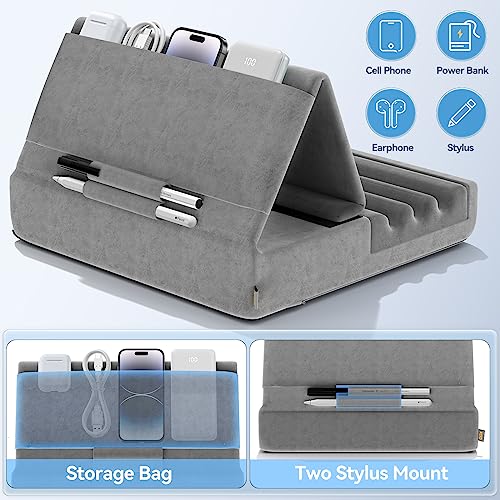 KDD Tablet Pillow Holder, Foldable iPad Stand for Lap, Bed and Desk -Tablet Soft Pad Dock with Pocket & Stylus Mount Compatible with iPad Pro 12.9, 10.5, 9.7 Air Mini 6 5 4 3, Galaxy Tab, E-Reader - color: Grey